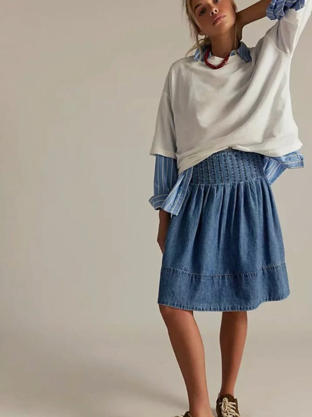 NWT Free People We The Free Peyton Pintuck Denim Midi Skirt Size 6